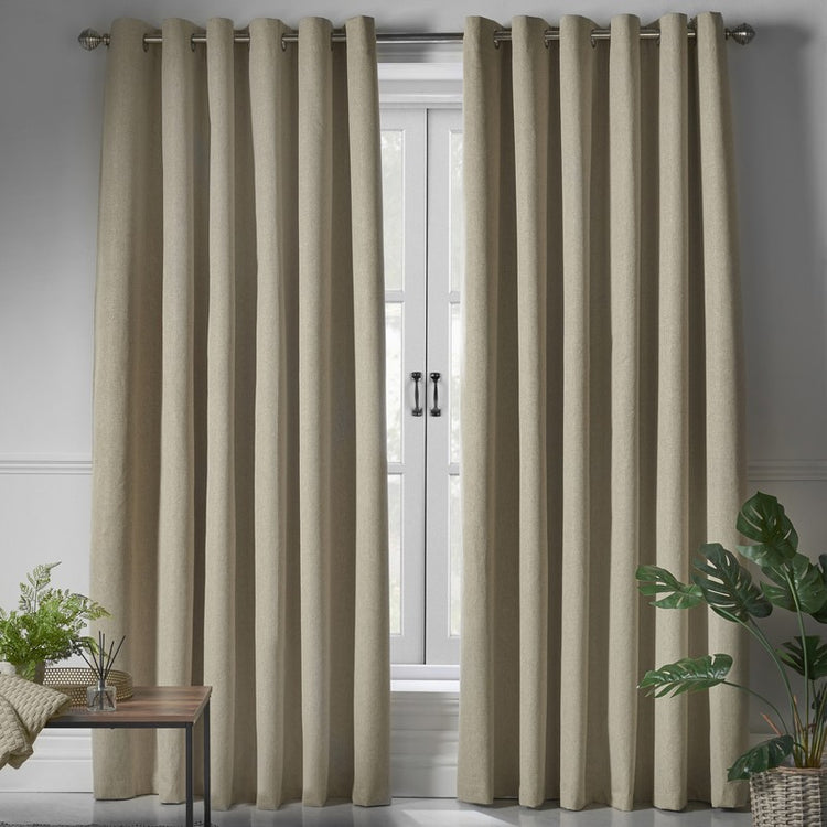 Blackout Linen Look Ready Made Eyelet Blackout Curtains in Beige | Low ...